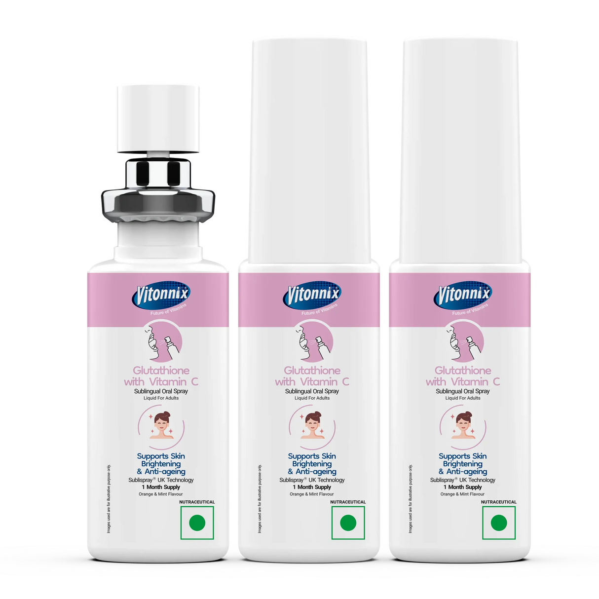 Three bottles of Vitonnix Glutathione with Vitamin C on a white background