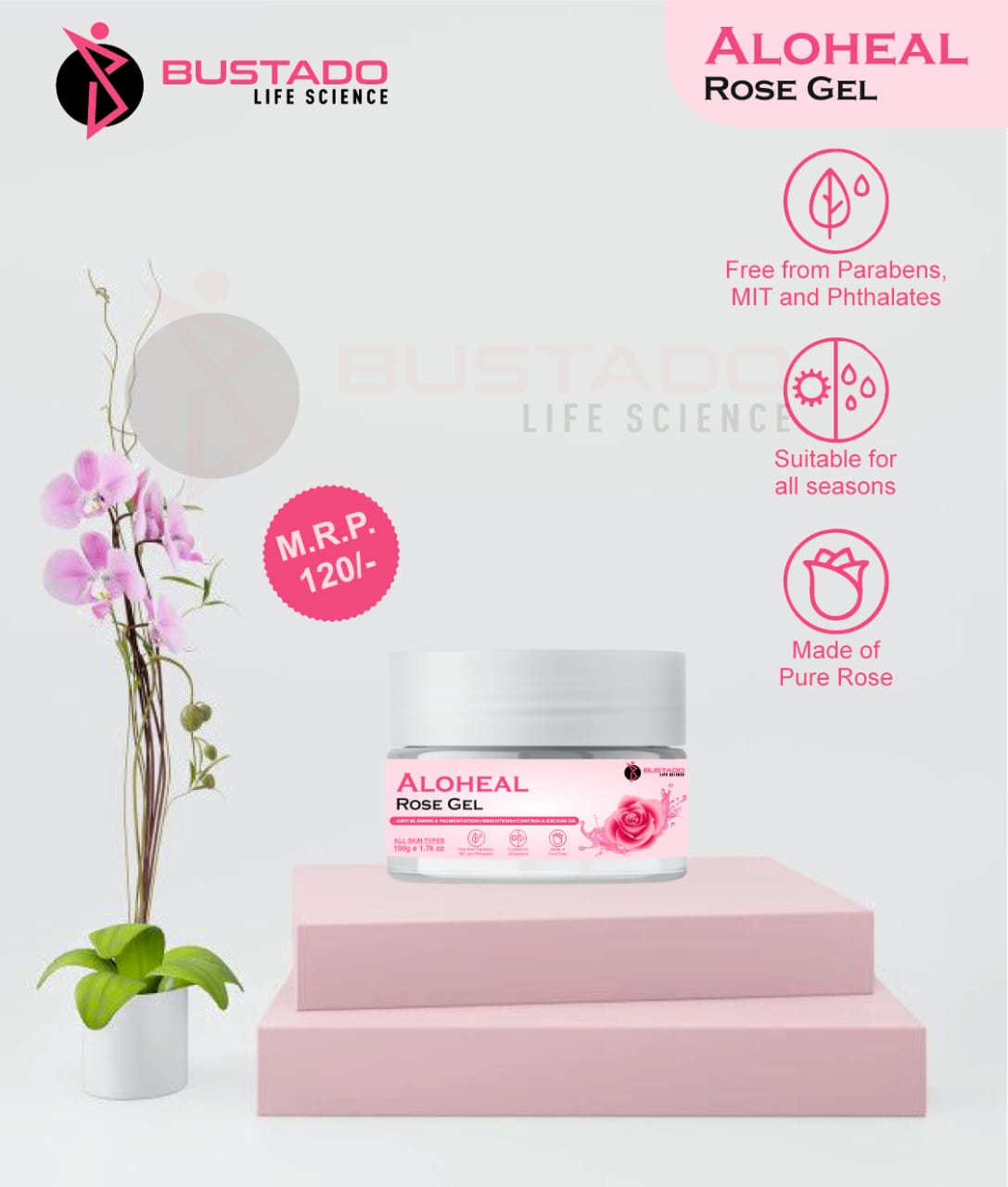 Aloheal Rose Gel jar with branding and product details on a light pink background