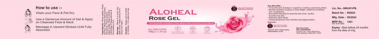 Aloheal Rose Gel label with product details and usage instructions.