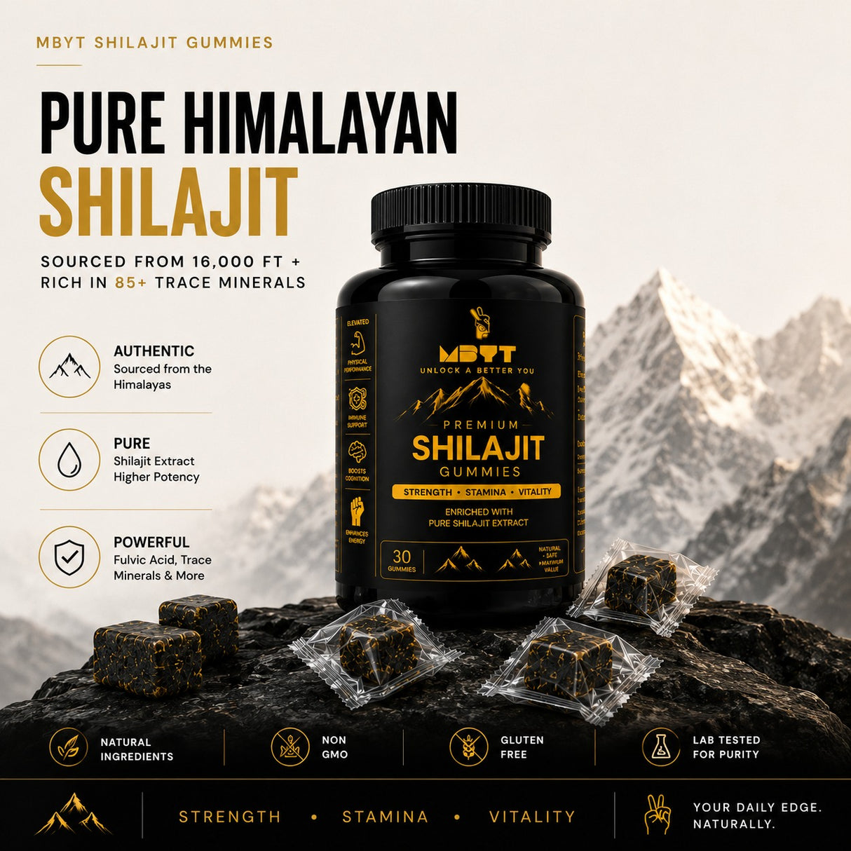 Shilajit gummies packaging with mountain background