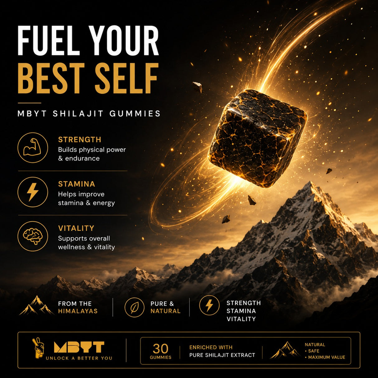 Advertisement for MBYT Shilajit Gummies with a mountain and glowing rock in the background.