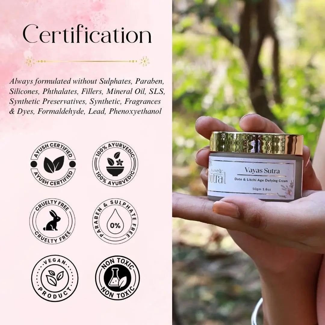 Vayas Sutra cream jar held by a hand with certification logos on the left.