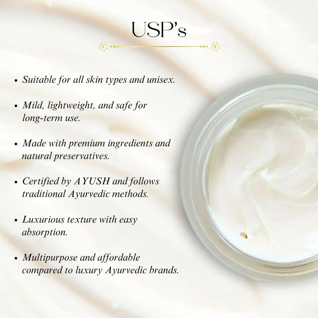 Jar of cream with text listing USPs on a light background