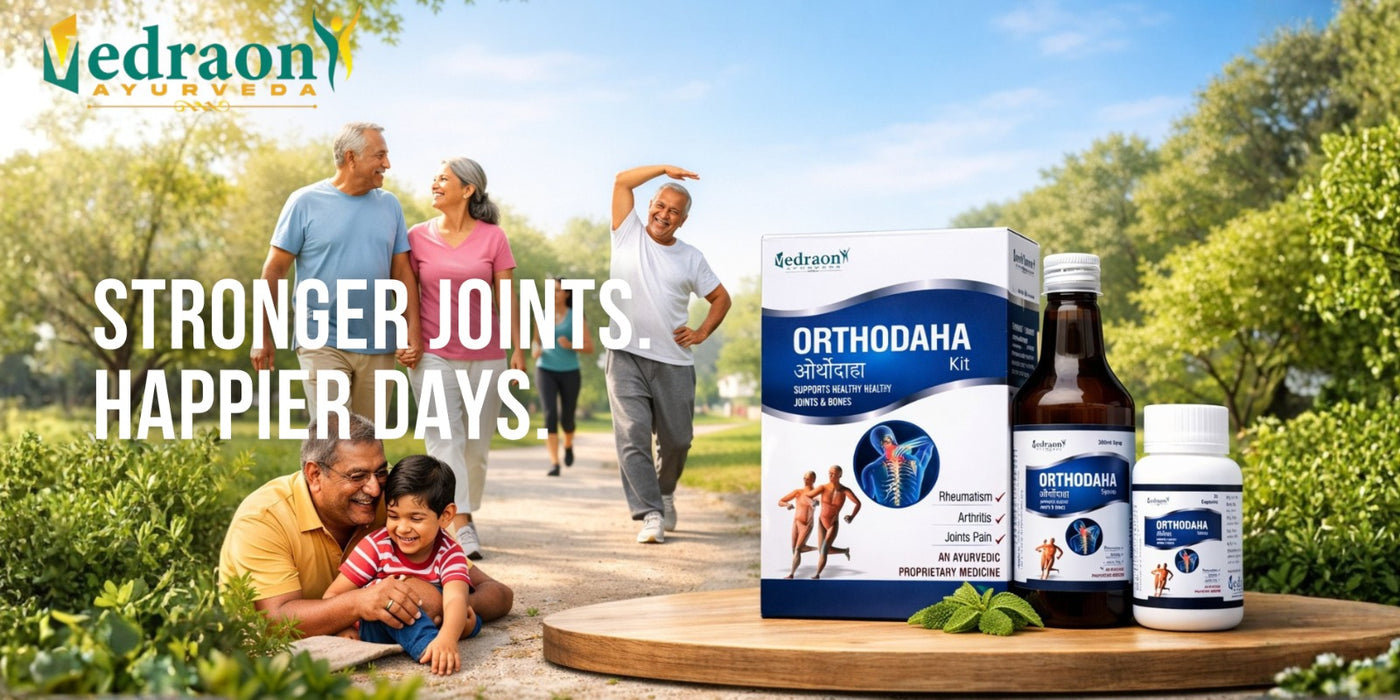 Vedraon Ayurveda OrthoDaha products with a family in a park background