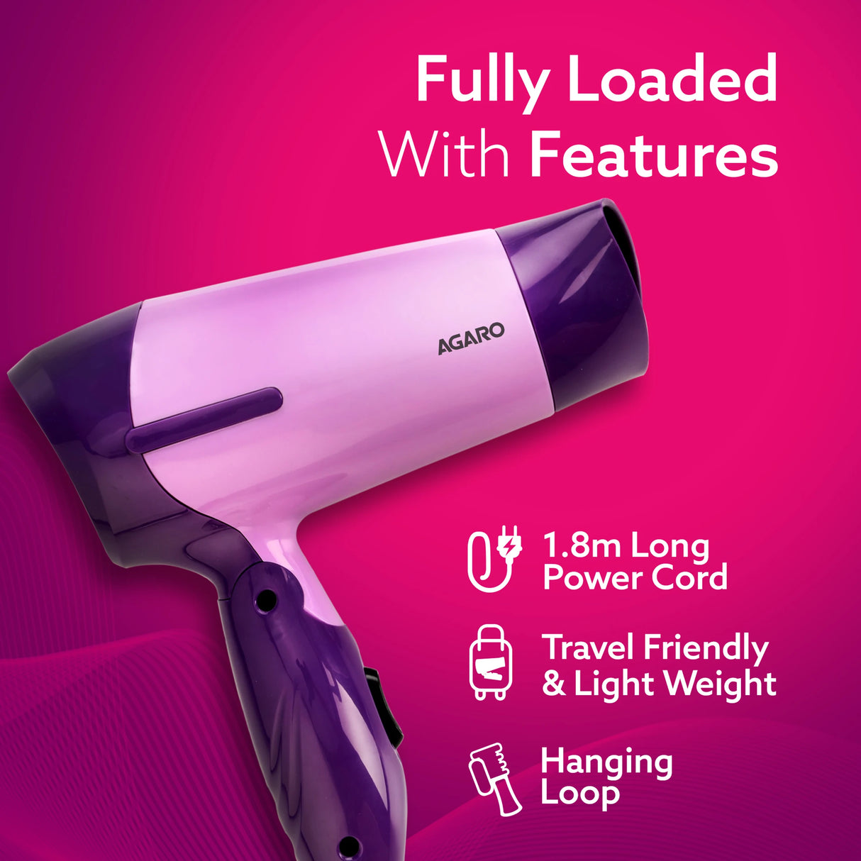 Purple and white hair dryer with features listed on a pink background