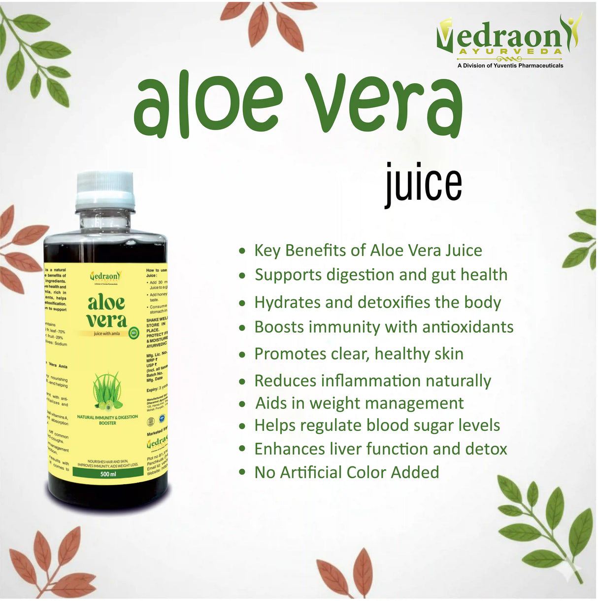 Aloe vera juice bottle with benefits listed on a white background