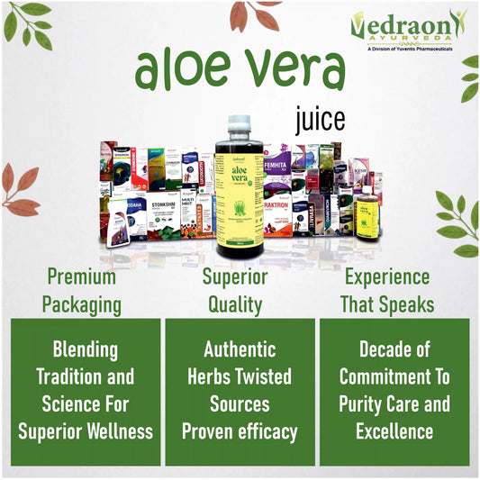Promotional image of aloe vera juice with various products and branding elements.