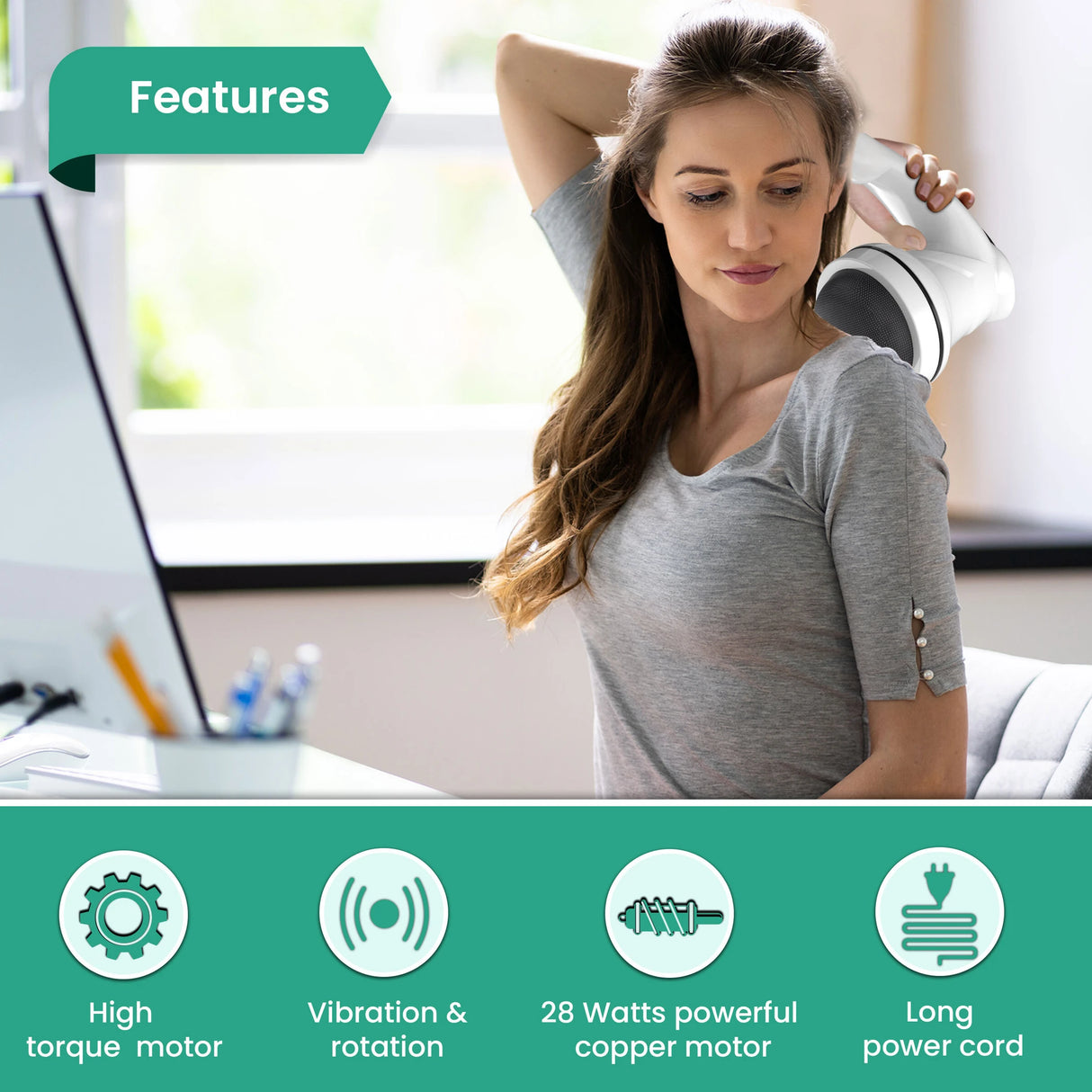 Woman using a handheld device in an office setting with product features displayed below.