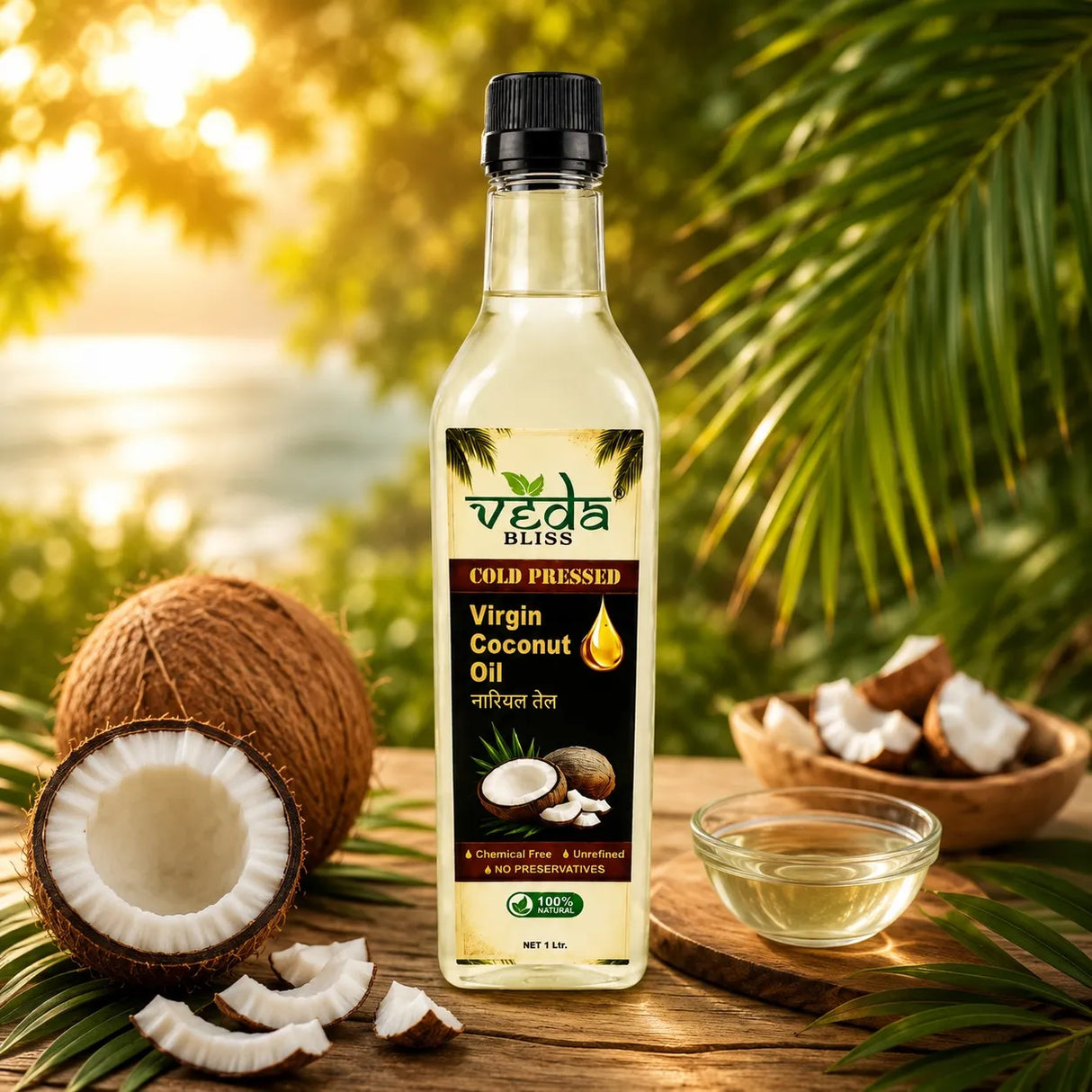 A bottle of Veda Bliss Cold Pressed Virgin Coconut Oil 1 Ltr.