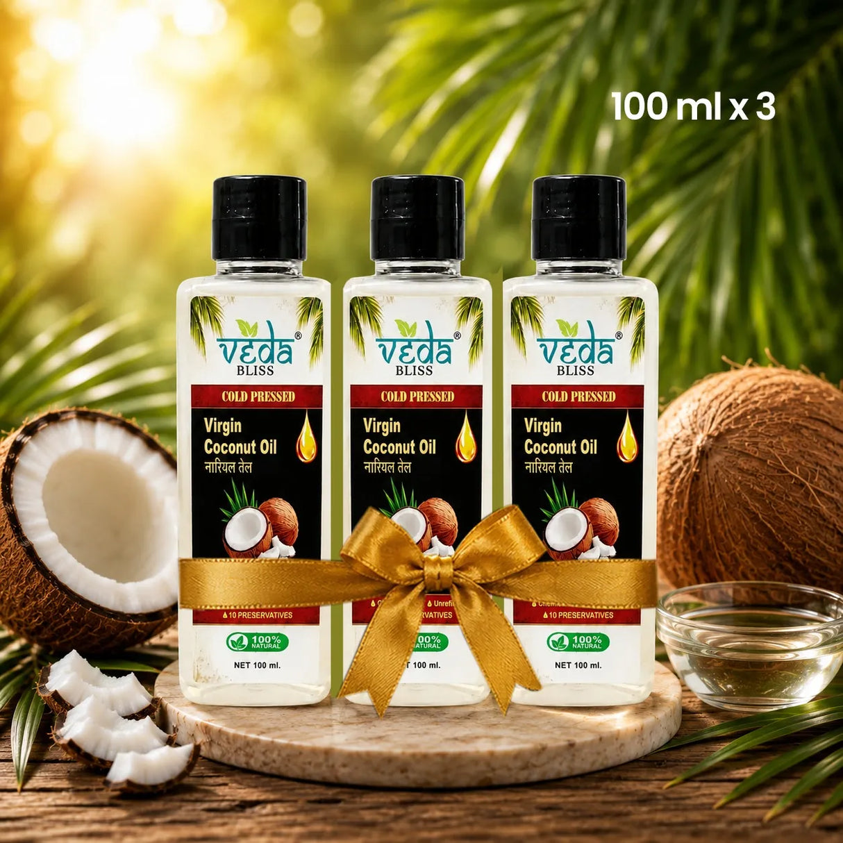 Three bottles of Veda Bliss Virgin Coconut Oil