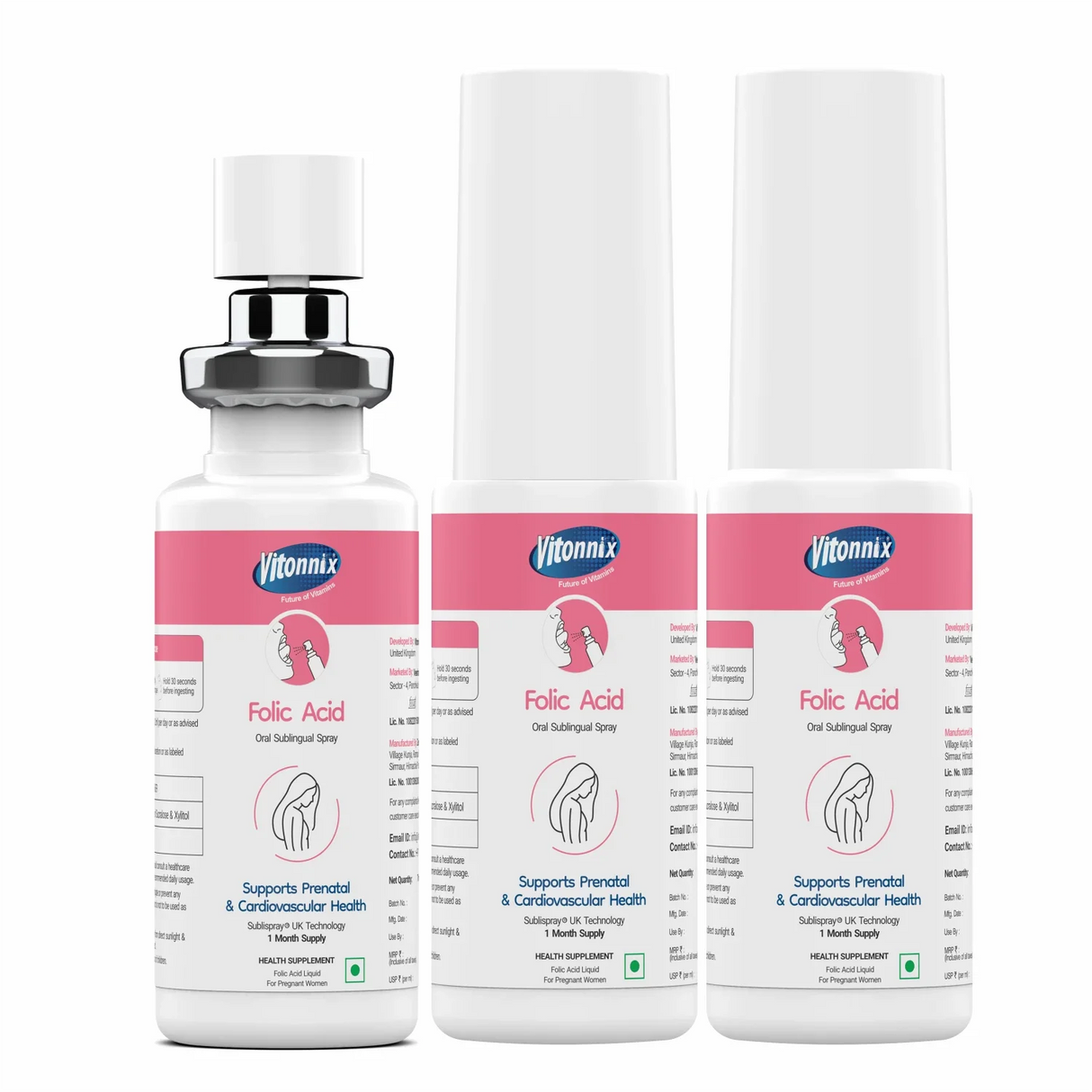 Three bottles of Vitonnix Folic Acid supplement on a white background
