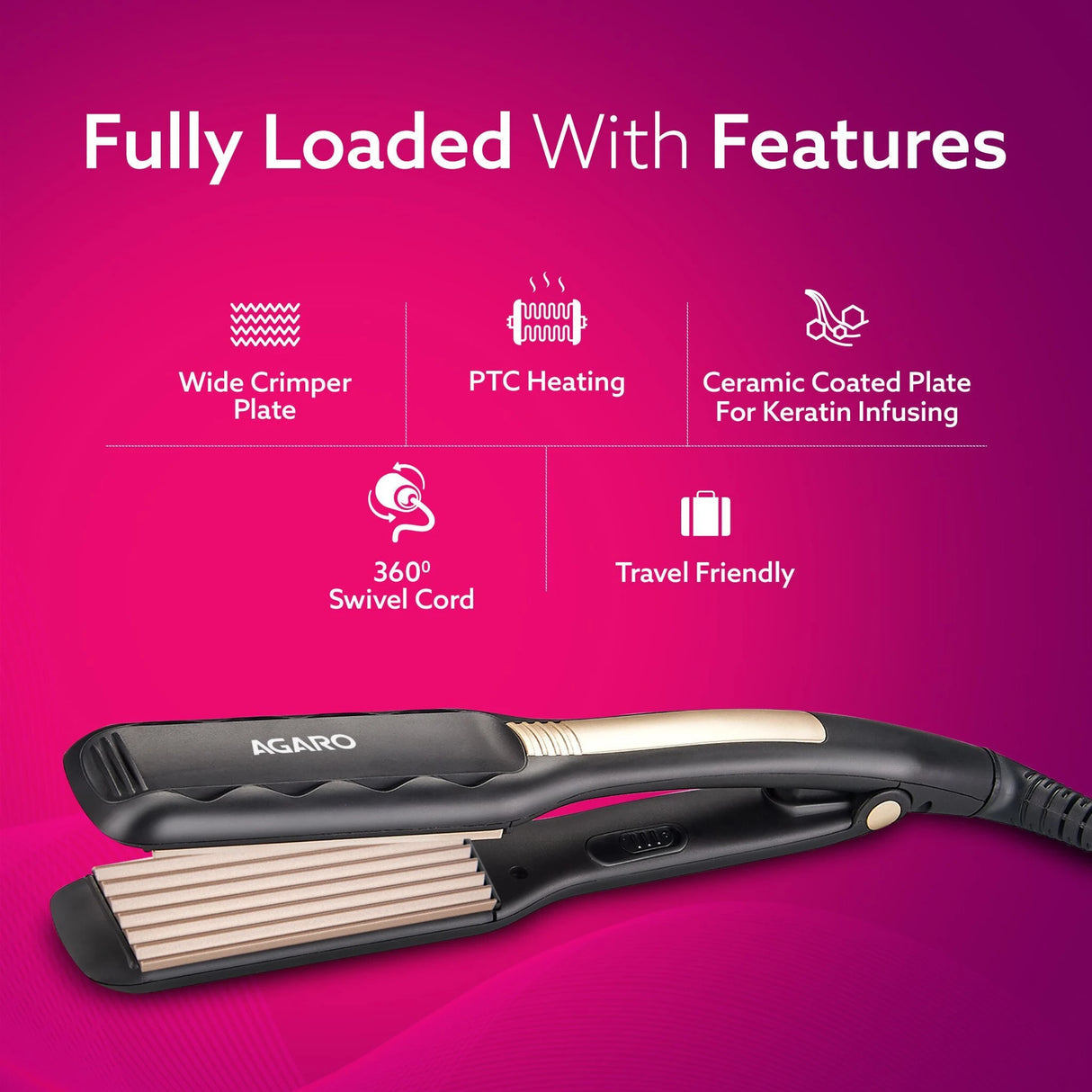 Hair straightener with features listed on a pink background