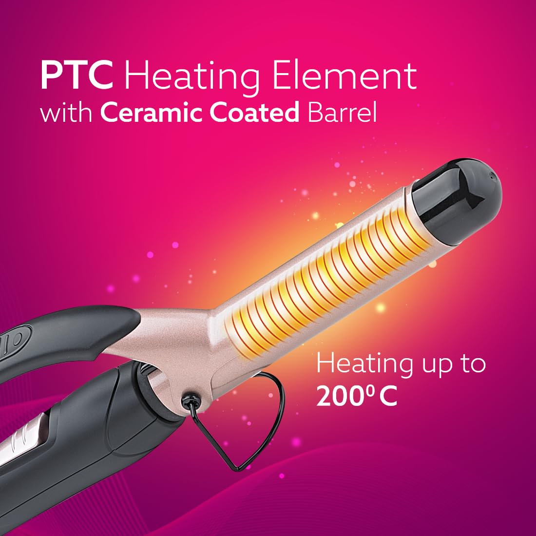 Hair straightener with PTC heating element and ceramic barrel on a pink background