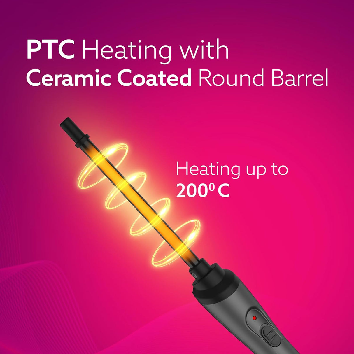 PTC heating device with ceramic-coated round barrel on a pink background