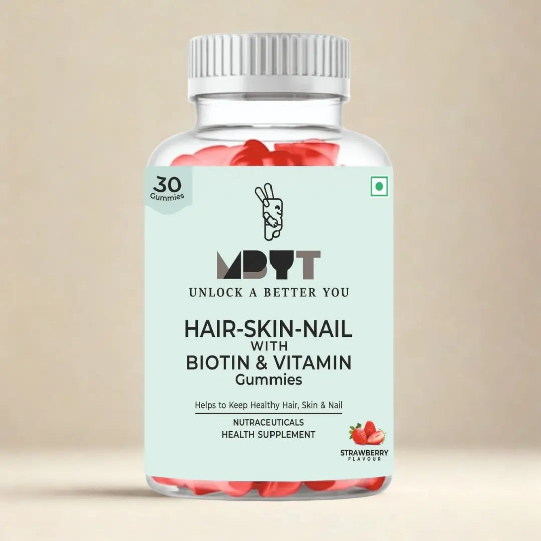 Bottle of hair, skin, nail gummies with a strawberry flavor