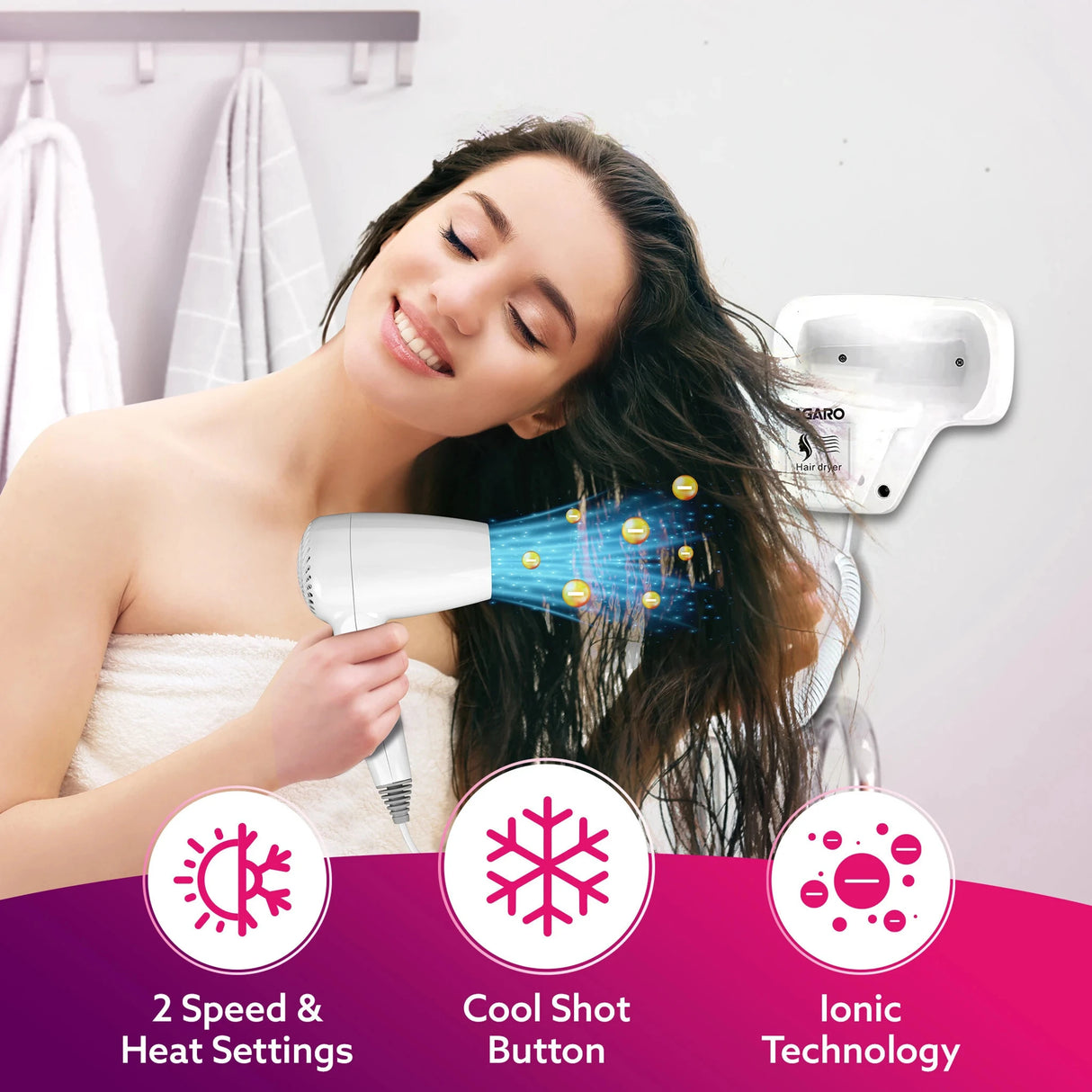 Woman using a hair dryer with text highlighting features