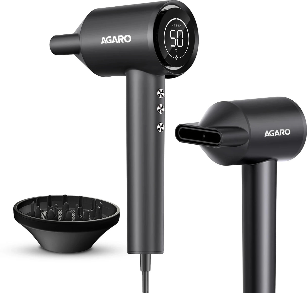 Black Agaro hair dryer with attachments on a white background