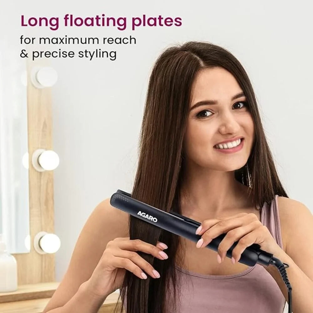 Woman using a hair straightener with text about long floating plates
