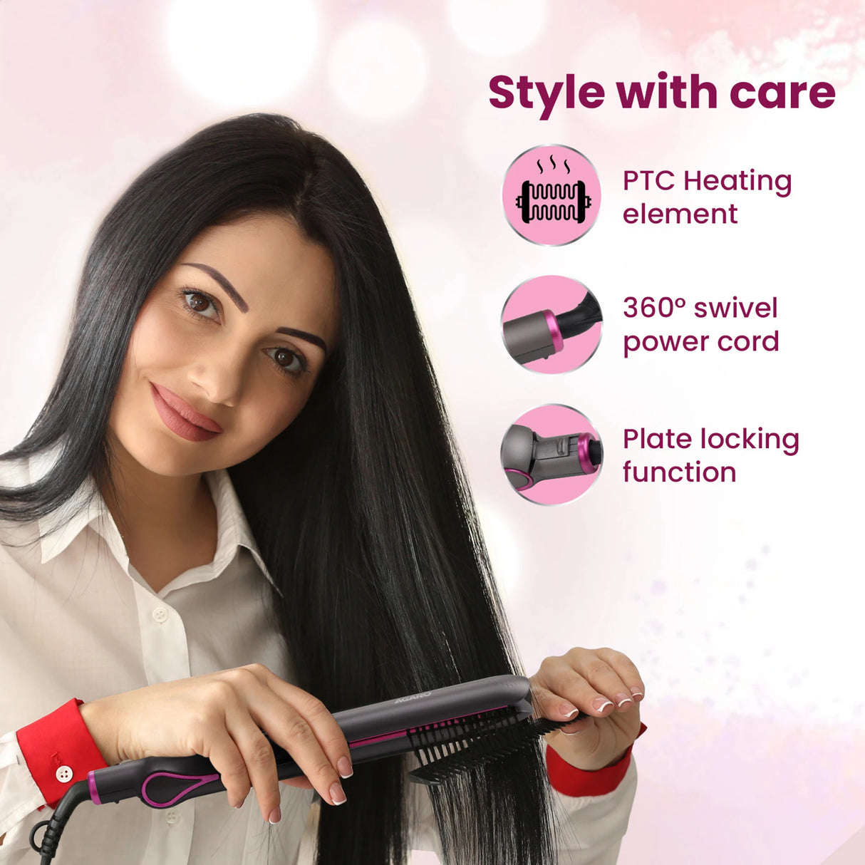 Woman using a hair straightening brush with product features highlighted on a pink background