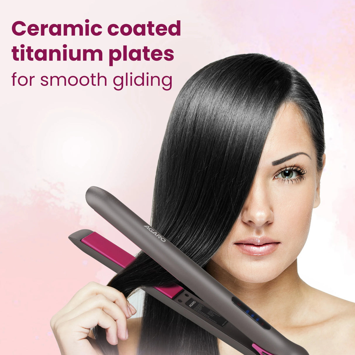 Woman using a hair straightener with text about ceramic-coated titanium plates on a pink background