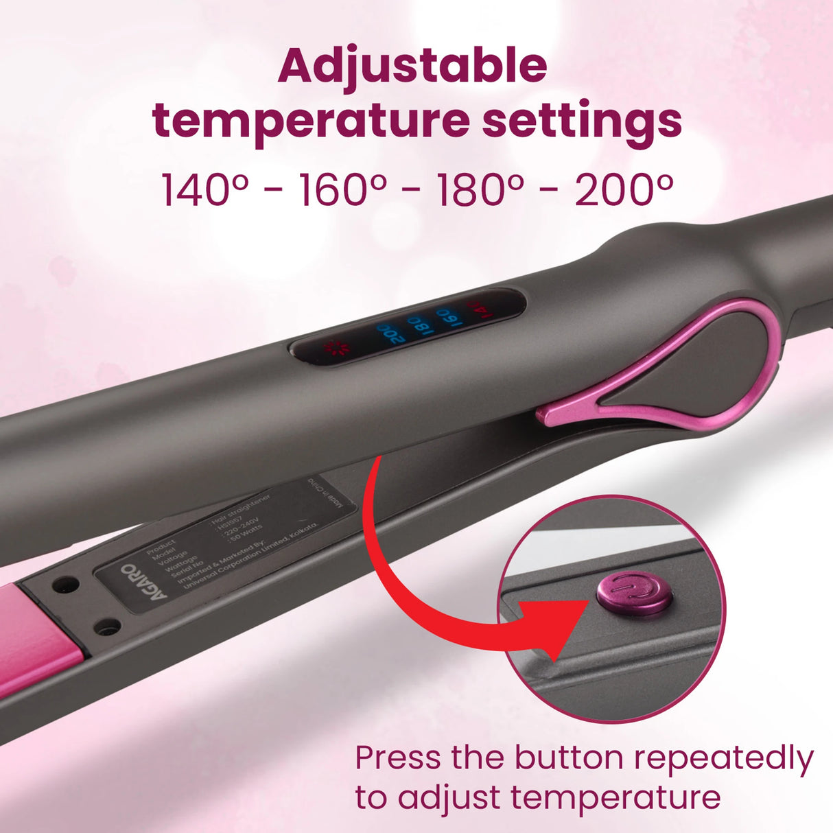 Hair straightener with adjustable temperature settings on a pink background