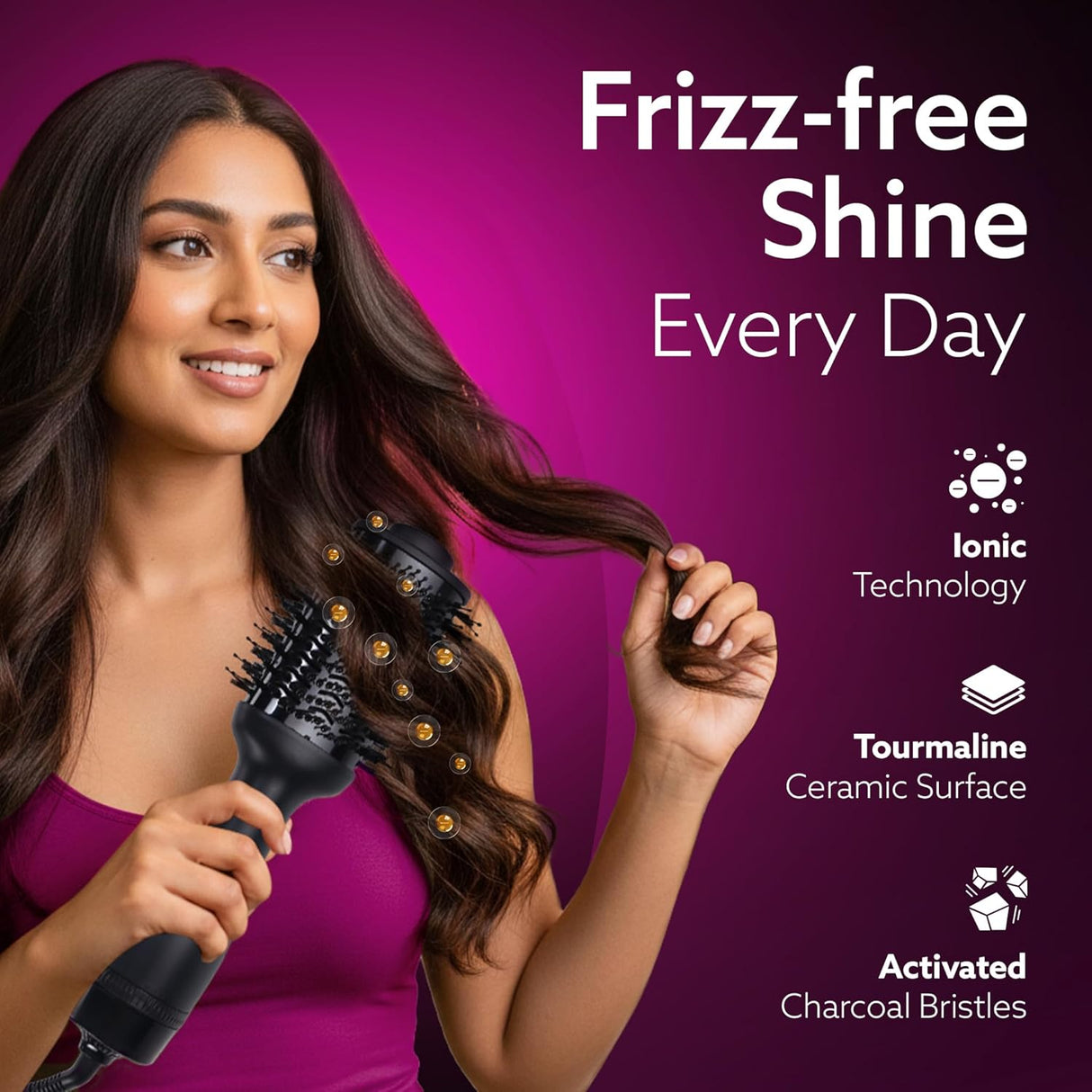 Woman using a hairbrush with text about frizz-free shine on a purple background