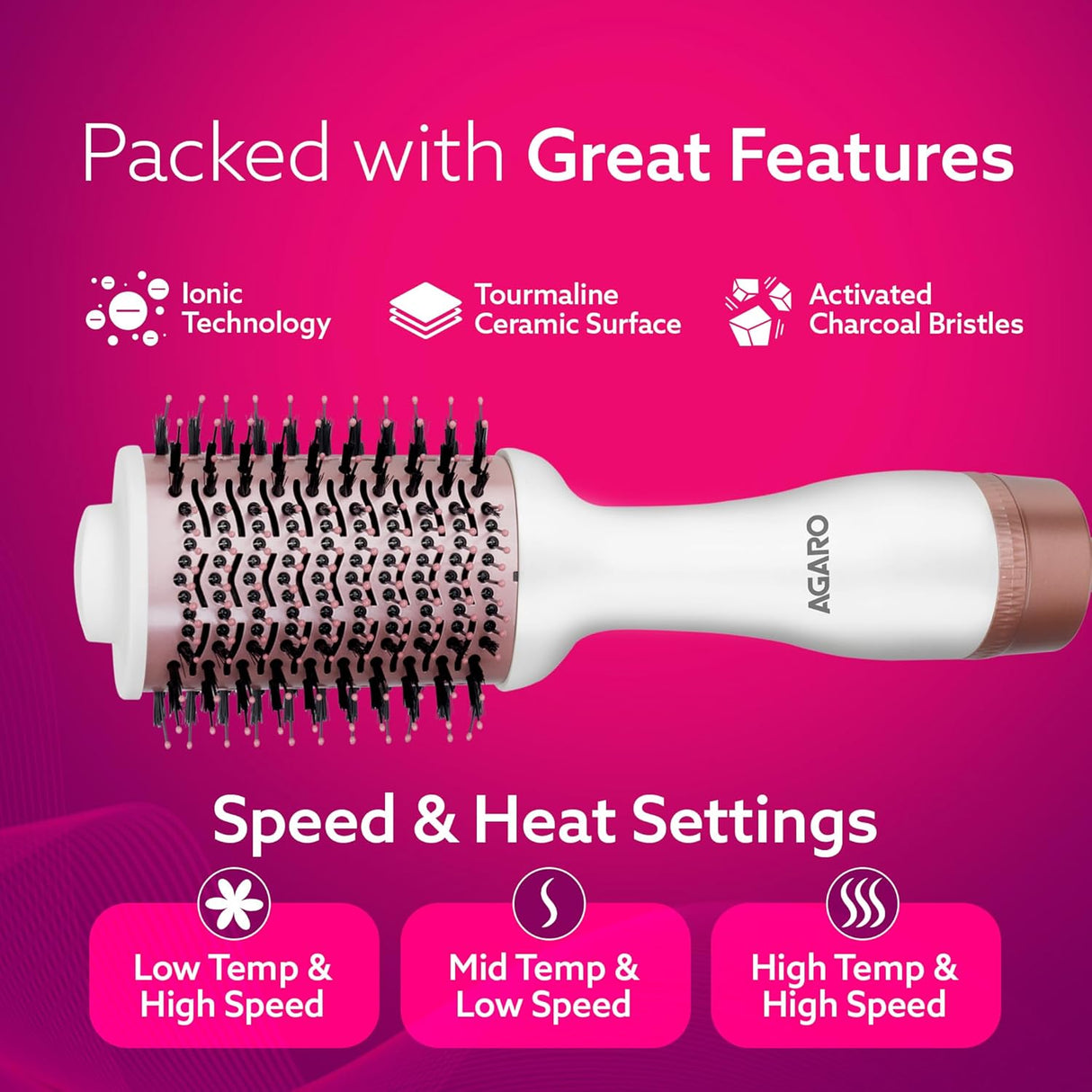 Hair dryer with features on a pink background