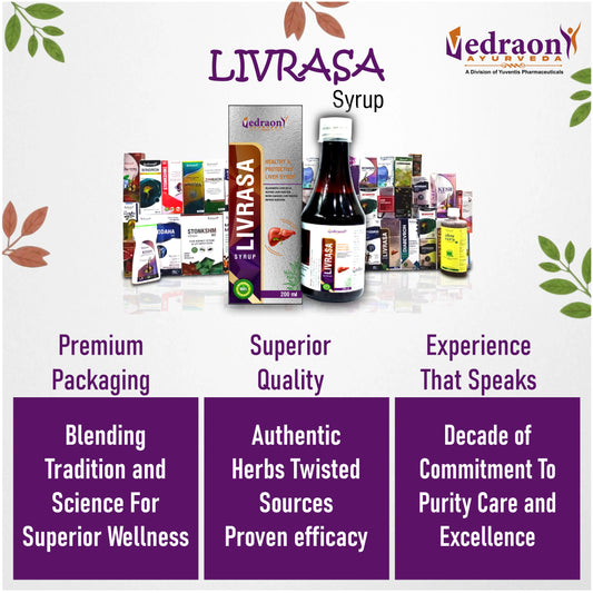 Promotional image of Livrasa Syrup with product packaging and branding elements.