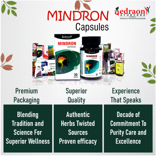 Promotional image of MINDRON capsules with packaging and branding details.