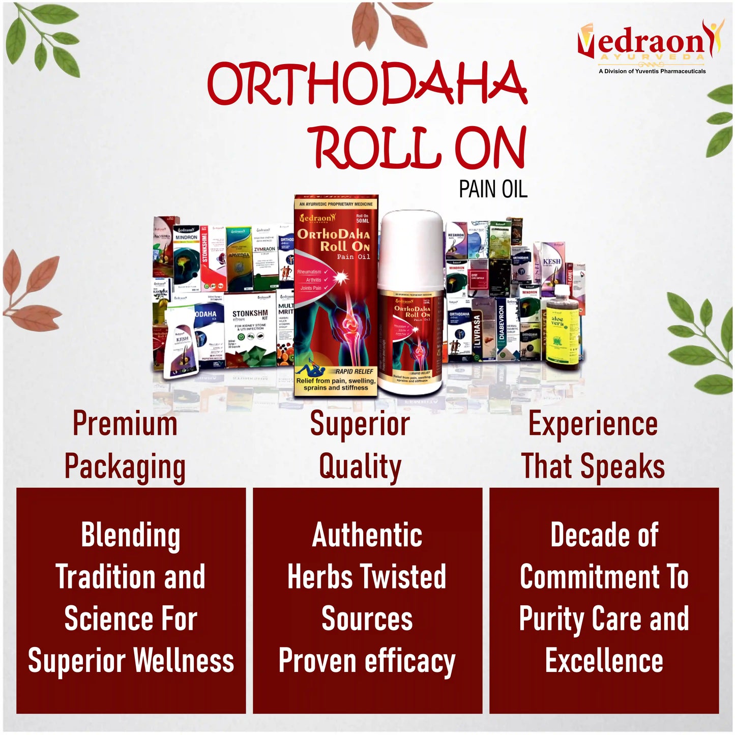 Orthodaha Roll On pain oil with product images and promotional text on a white background.