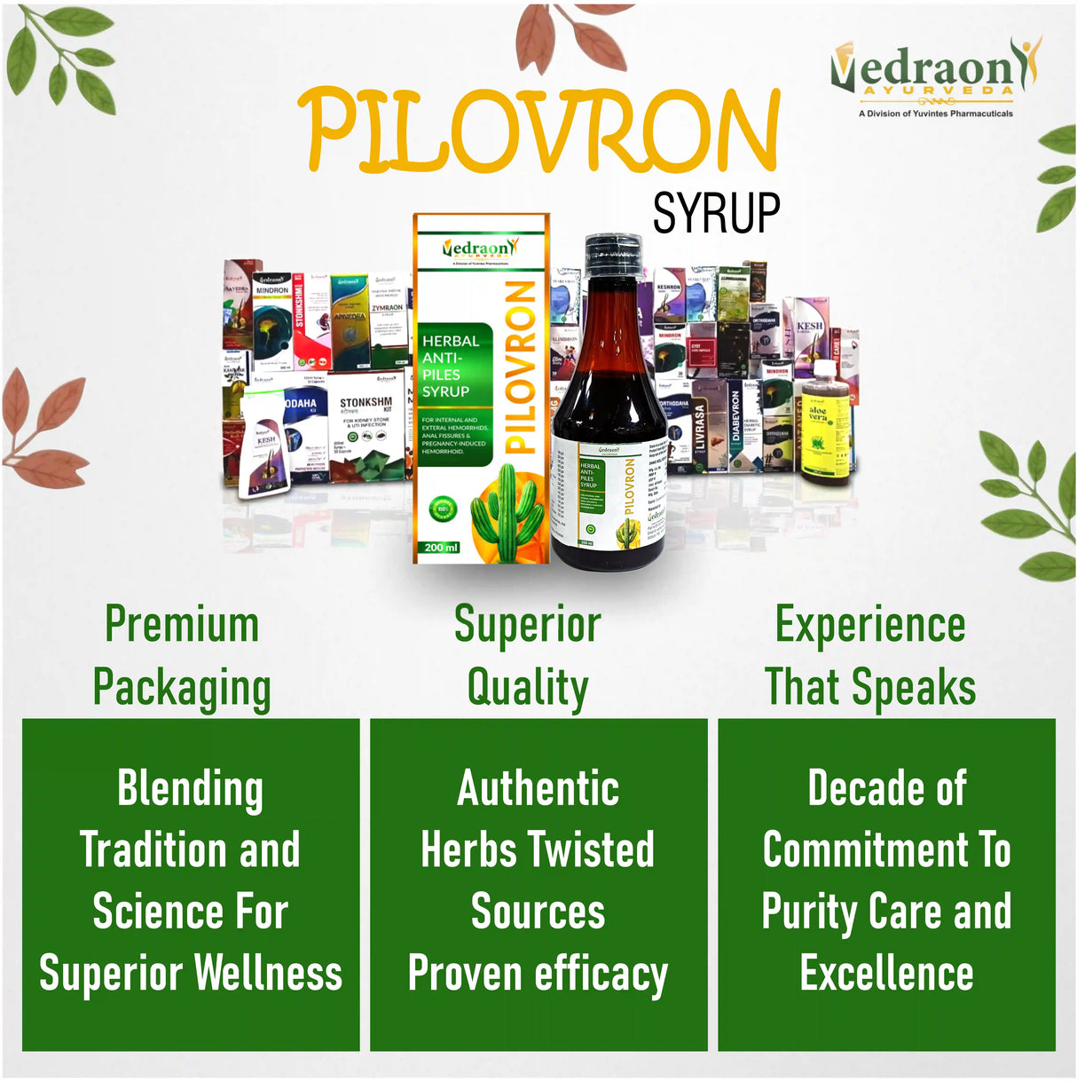 Pilovron syrup with product packaging and branding elements.