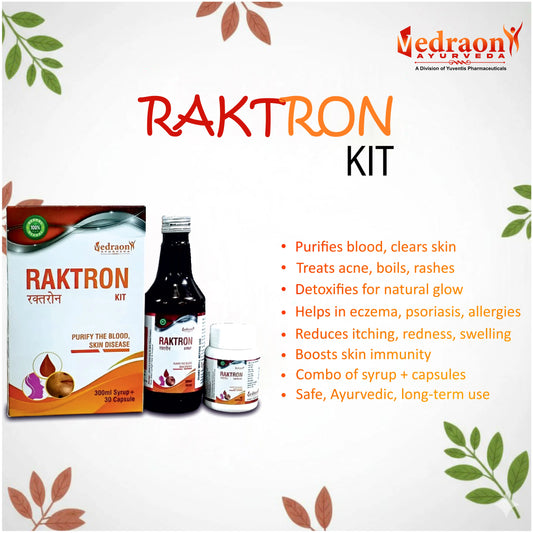 Vedraon Ayurveda Raktron Kit with product packaging and benefits listed on a white background.