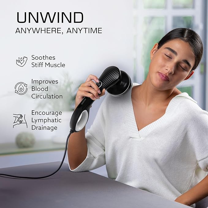 Woman using a handheld massager with text highlighting its benefits on a blurred indoor background