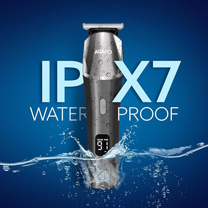 hair trimmer with water splashes on a blue background, highlighting IPX7 waterproof feature.