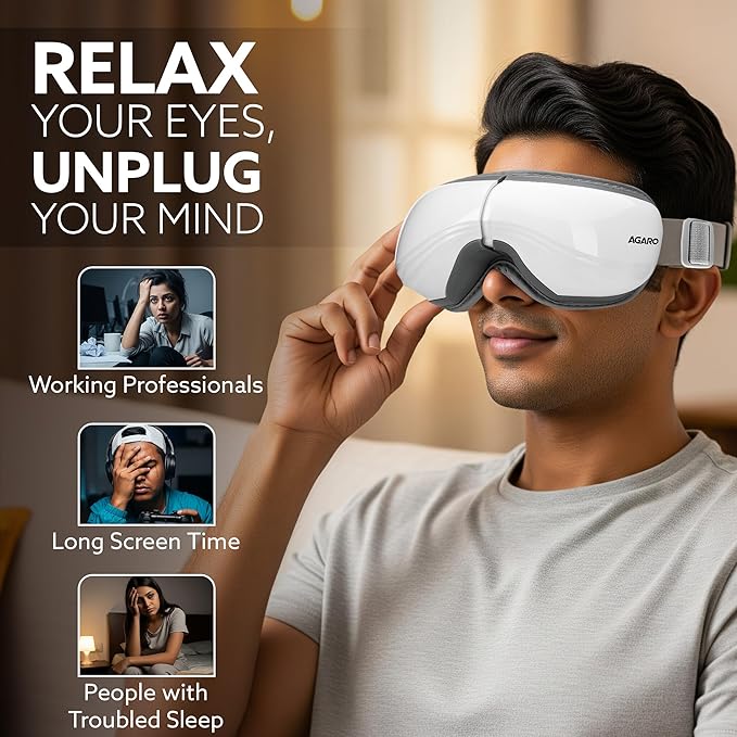 Person wearing eye masks with text promoting relaxation and unplug from screens.