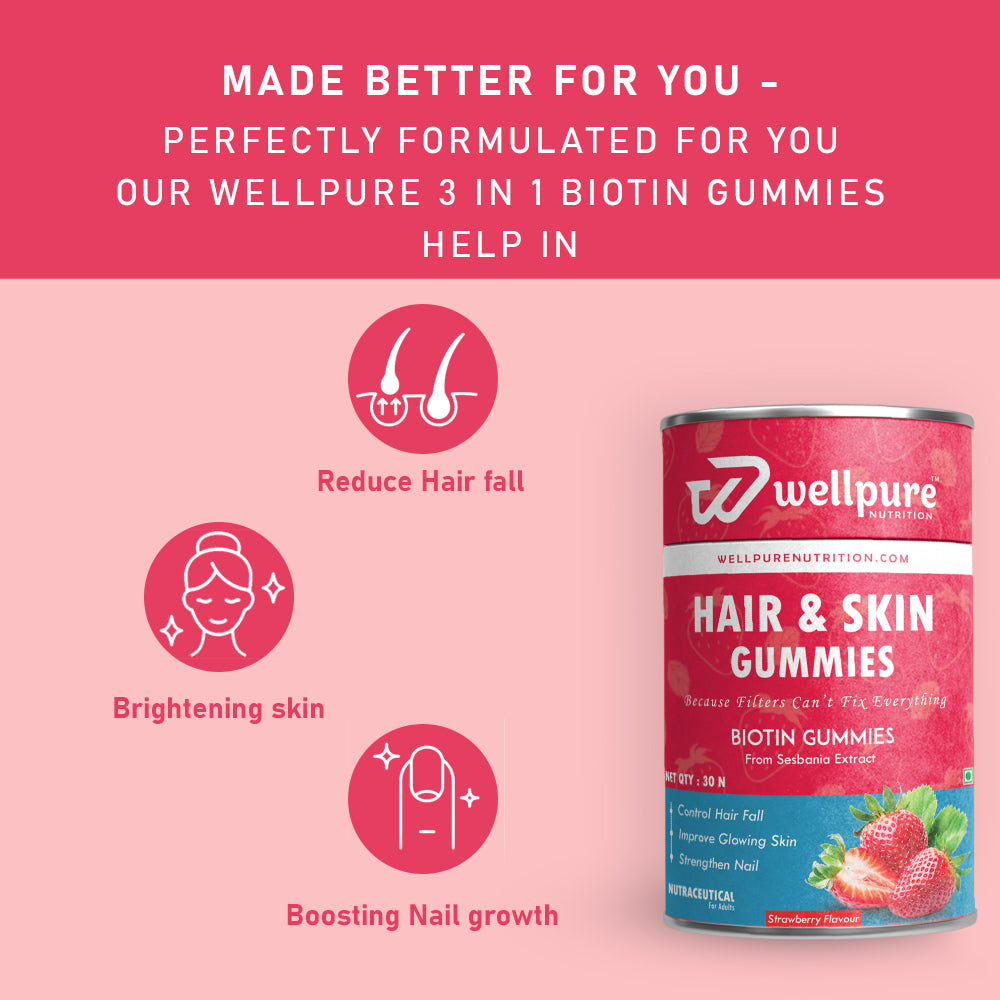 Wellpure 3 in 1 Biotin Gummies container with benefits on a pink background