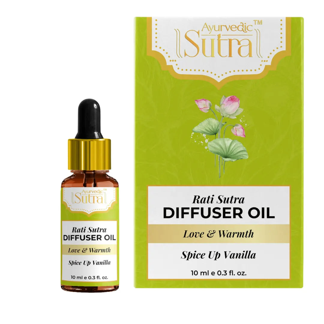 Rati Sutra diffuser oil bottle and packaging on a white background