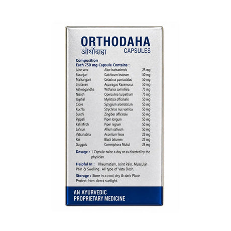 Box of Orthodaha capsules with ingredient list and packaging details on a white background