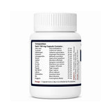 White supplement bottle with label on a white background