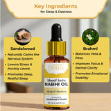 Shanti Sutra Nabhi Oil bottle with key ingredients for sleep and distress on a blurred background