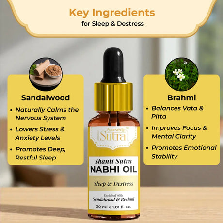 Shanti Sutra Nabhi Oil bottle with key ingredients for sleep and distress on a blurred background