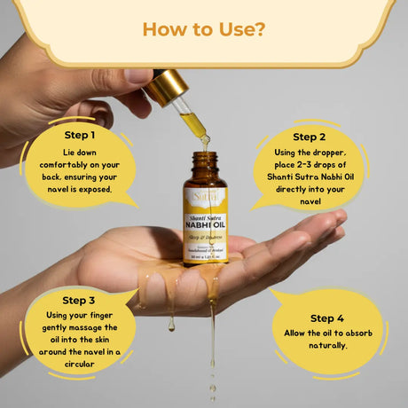 Instructions on how to use Shanti Sutra Nabh Oil with a dropper and bottle.