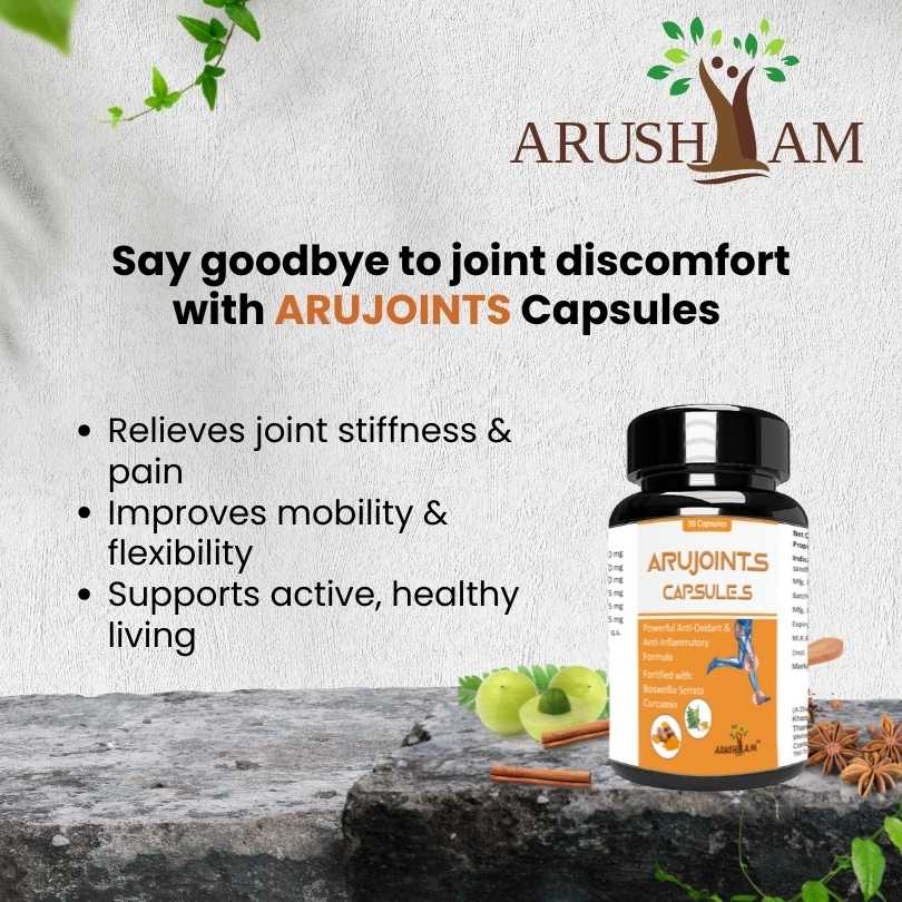Arujoints capsules bottle with promotional text on a natural background