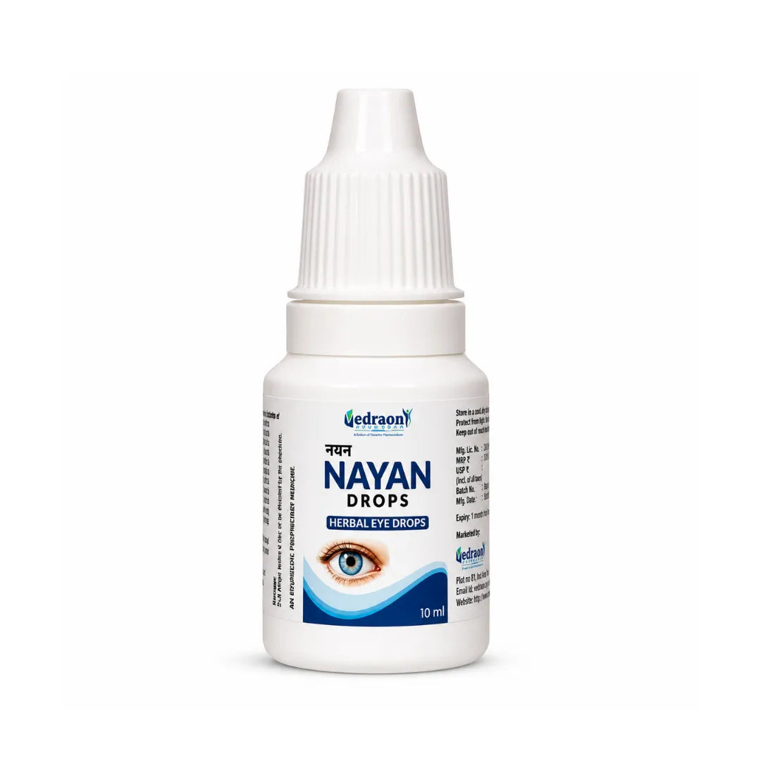 Bottle of Nayan Drops herbal eye drops on a white background