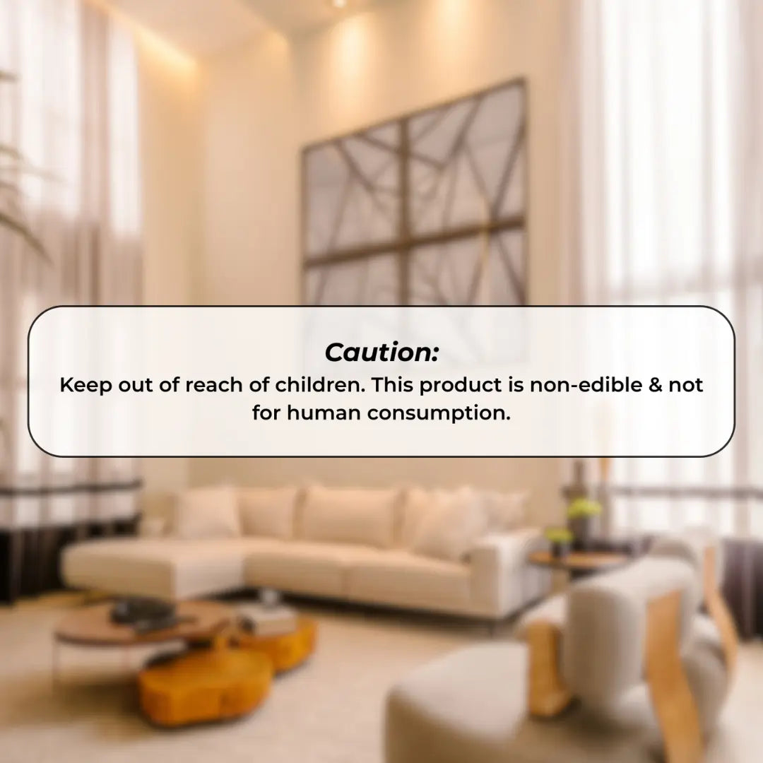 Living room with a couch and coffee table, featuring a caution text overlay.