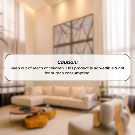 Living room with a couch and coffee table, featuring a caution text overlay.