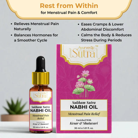 Sukham Sutra Nabhi Oil bottle and packaging on a gray background