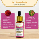 Sukham Sutra Nabhi Oil bottle with key ingredients Kesar and Shatavari on a light background