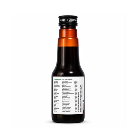 Bottle of dark liquid with a label on a white background