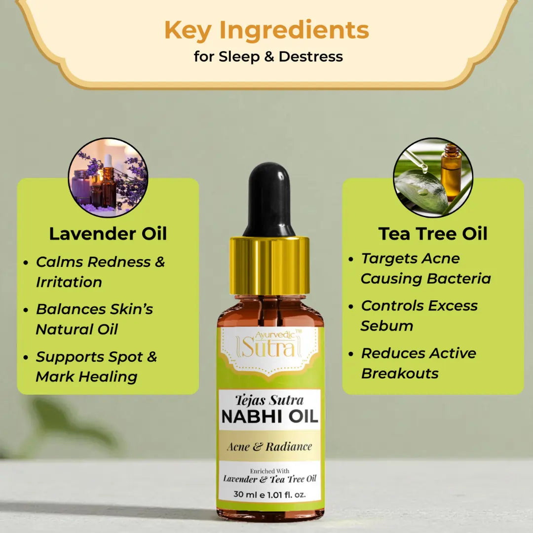 Nabhi Oil bottle with key ingredients